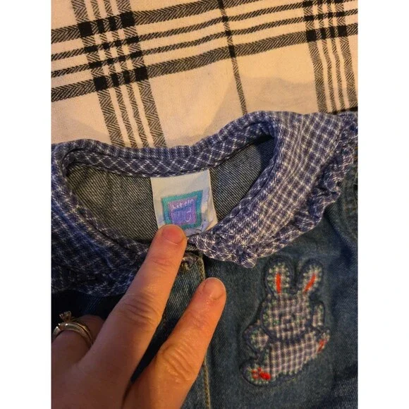 Vintage Little Me Jean Denim 6 Month Bunny Rabbit Plaid Ruffle Outfit Romper...
